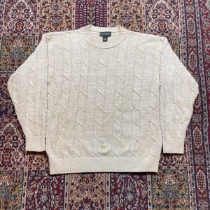 VTG 90s Hill & Archer Mens Cream Cable Chain Knit Cotton Sweater Medium USA Tan